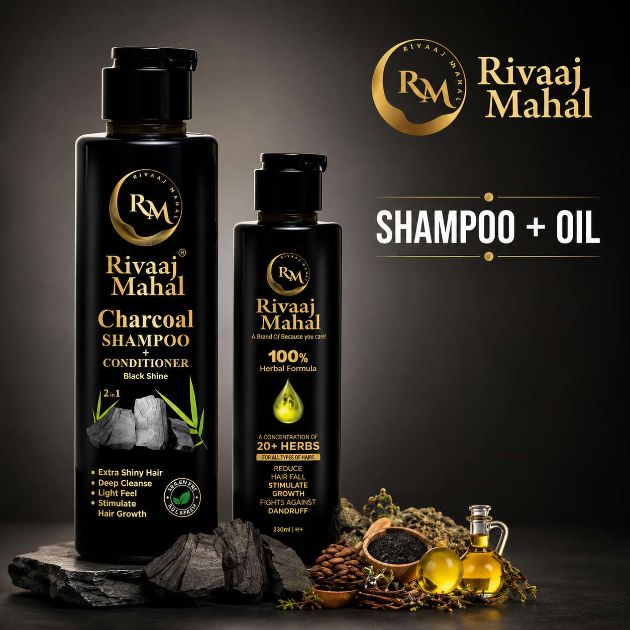 Rivaaj Mahal Charcoal Shampoo & Herbal Hair Oil 2-in-1 Hair Care Pack